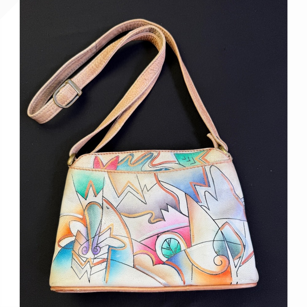 Magnifique Hand Painted Leather Purse Small Abstract Art Crossbody Bag Multi